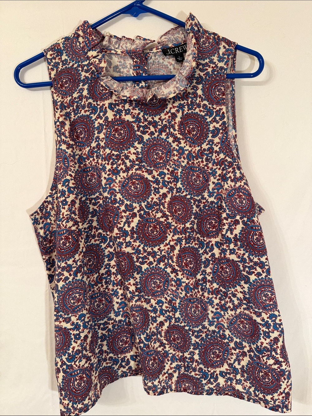 J. Crew Paisley Ruffled Mock Neck Sleeveless Camisole in Cream, Blue, and Red